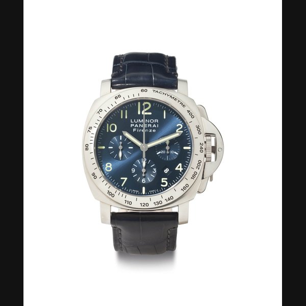 Panerai. An Oversized Stainless Steel Cushion-Shaped Chronograph Wristwatch with Date SIGNED OFFICINE PANERAI, LUMINOR CHRONO FOR FIRENZE, NO. H036/100, REF. OP 6637, MOVEMENT NO., CASE NO. PB 527936, PAM00224, CIRCA 2005