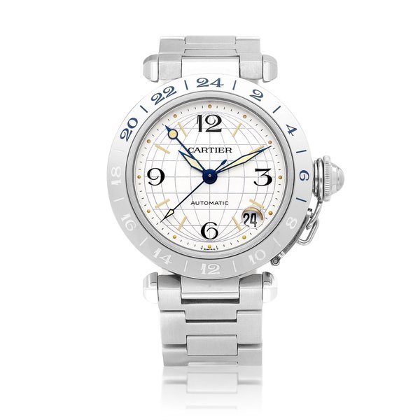 Cartier Pasha GMT, Reference 2377 | A stainless steel dual time zone wristwatch with date and bracelet, Circa 2000 | 卡地亞 | Pasha GMT 型號2377 | 精鋼兩地時間鏈帶腕錶，備日期顯示，約2000年製 · 2377