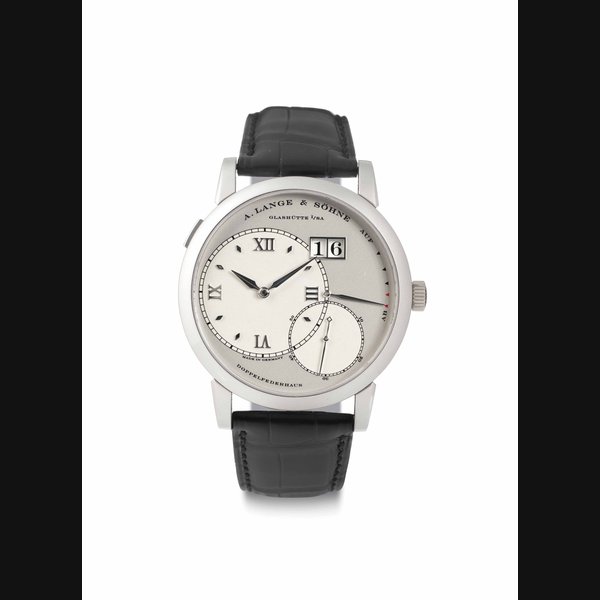 A. Lange & Söhne. A Fine Large Platinum Twin Barrel Wristwatch with Oversized Date and Power Reserve SIGNED A. LANGE & SÖHNE, GLASHÜTTE I/SA, DOPPELFEDERHAUS, GRANDE LANGE 1 MODEL, MOVEMENT NO. 38'787, CASE NO. 146'676, CIRCA 2005