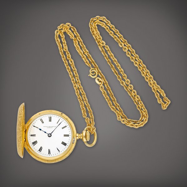 Patek Philippe A yellow gold hunting case keyless watch with enamel dial and chain, Circa 1890 | 百達翡麗 | 黃金獵殼懷錶，備琺瑯錶盤及鏈帶，約1890年製