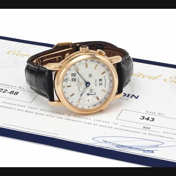 Ulysse Nardin. A Fine Limited Edition 18k Pink Gold Automatic Dual Time Triple Calendar Wristwatch SIGNED ULYSEE NARDIN, REF. 322-88, NO. 343/500, MOVEMENT NO. 32.16.2606, PERPETUAL MOVEMENT PATENT NO. 680 630-2, CIRCA 2003