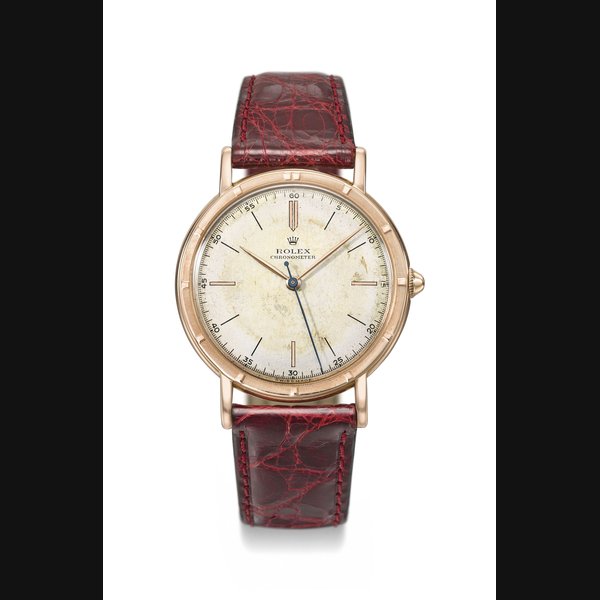 ROLEX. A RARE 14K PINK GOLD WRISTWATCH WITH SWEEP CENTRE SECONDS SIGNED ROLEX, CHRONOMETER, REF. 4448, CASE NO. 486’712, CIRCA 1947