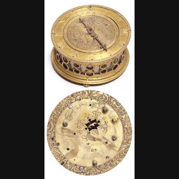 A Dutch small gilt-metal striking table clock with alarm GULIS VAN GHEELLE, AMSTERDAM OR FLANDERS. DATED 1591