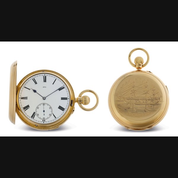 ARMY & NAVY. A FINE, UNUSUAL AND HISTORICALLY INTERESTING 18K GOLD HUNTER CASE TWO-TRAIN MINUTE REPEATING GRANDE AND PETITE SONNERIE KEYLESS LEVER CLOCK WATCH SIGNED ARMY & NAVY COOPERATIVE SOCIETY LIMITED, 105 VICTORIA STREET, LONDON, NO. 5872, 1891