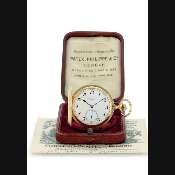 PATEK PHILIPPE. AN 18K GOLD HUNTER CASE KEYLESS LEVER POCKET WATCH WITH BREGUET NUMERALS, ORIGINAL CERTIFICATE AND FITTED PRESENTATION BOX SIGNED PATEK PHILIPPE & CIE, GENEVE, MOVEMENT NO. 163550, CASE NO. 405086, RETAILED BY A. L'EMERAUDE, LAUSANNE, MANUFACTURED IN 1914