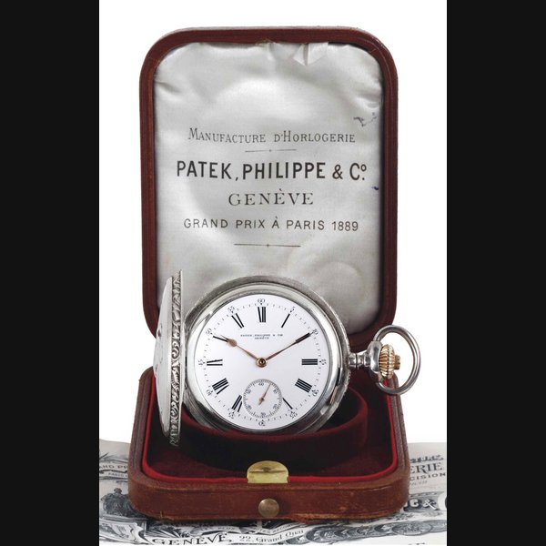 PATEK PHILIPPE. A RARE SILVER HUNTER CASE KEYLESS LEVER POCKET WATCH WITH CHASED CASE, ORIGINAL CERTIFICATE AND PRESENTATION BOX SIGNED PATEK PHILIPPE & CIE., MOVEMENT NO. 108063, CASE NO 219817, MANUFACTURED IN 1896