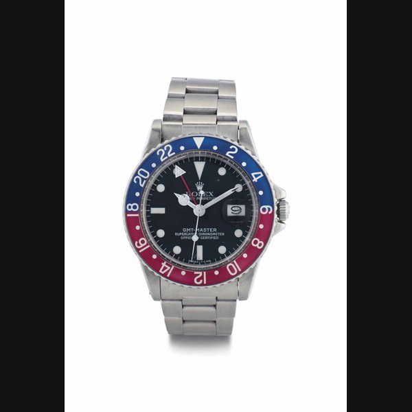 Rolex Rolex. A Fine Stainless Steel Automatic Dual Time Wristwatch with Date and Center Seconds SIGNED ROLEX, OYSTER PERPETUAL, GMT-MASTER, SUPERLATIVE CHRONOMETER, OFFICIALLY CERTIFIED, REF. 1675, CASE NO. 2'943'937, CIRCA 1971 · 1675