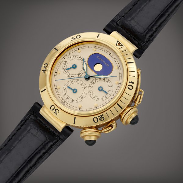 Cartier Pasha, Reference 30002 | A yellow gold dual time wristwatch with moon phases, day and date | Circa 1991