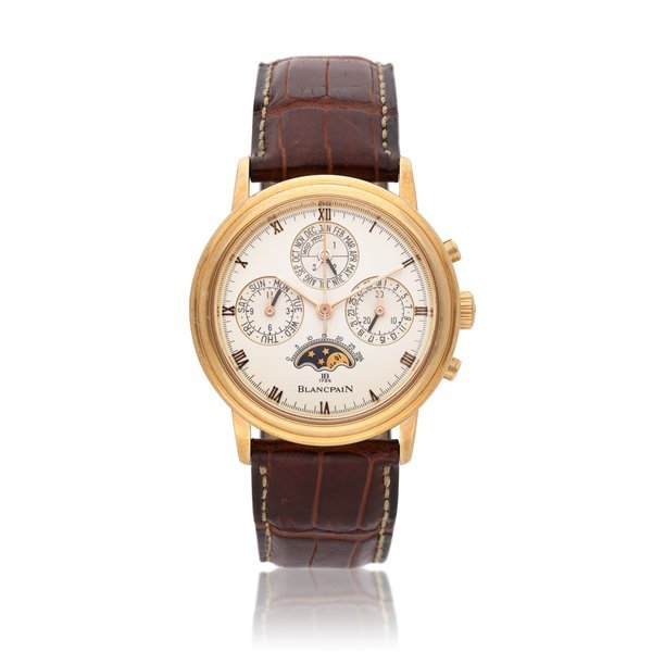 Blancpain A pink gold automatic perpetual calendar chronograph wristwatch with moon phases, Circa 1995
