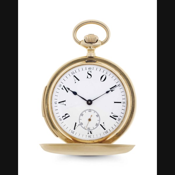Swiss. An 18k Gold Minute Repeating Keyless Lever Hunter Case Pocket Watch With Hidden Erotica Automaton And Personalized Dial UNSIGNED, NO. 1908, CIRCA 1900