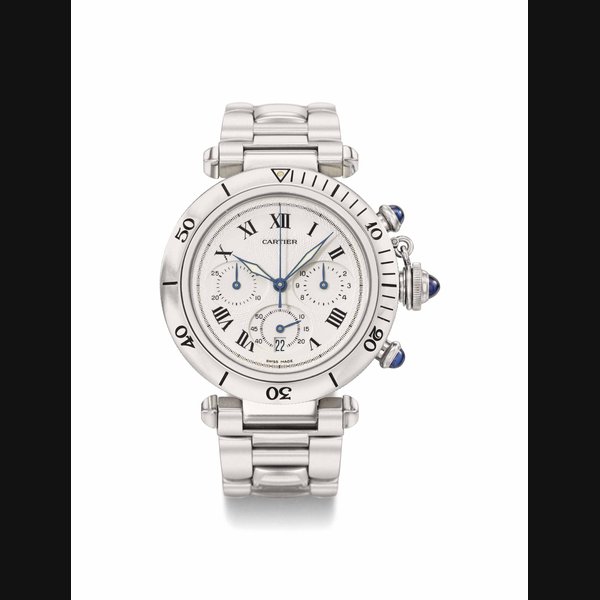 Cartier Cartier. A fine stainless steel chronograph wristwatch with date and bracelet SIGNED CARTIER, PASHA MODEL, REF. 1050, CASE NO. 0048156, CIRCA 1990, Price & Market Data
