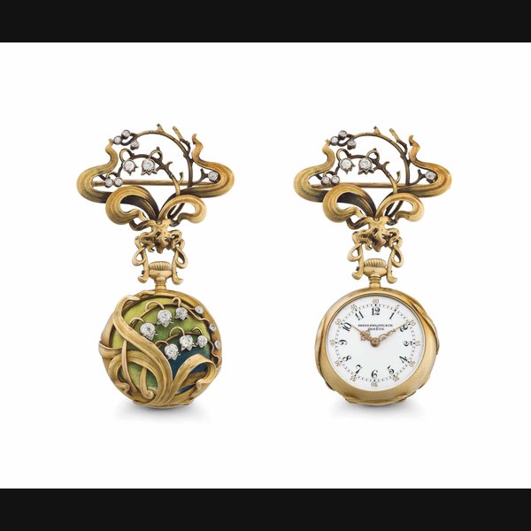 Patek Philippe. A Very Fine and Attractive 18k Gold, Enamel and Diamond-Set Openface Keyless Lever Art Nouveau Pendant Watch with Matching Brooch SIGNED PATEK PHILIPPE & CIE, GENÈVE, RETAILED BY A. NEWSALT, DAYTON, OHIO, MOVEMENT NO. 117'866, CASE NO. 228'113, MANUFACTURED IN 1901