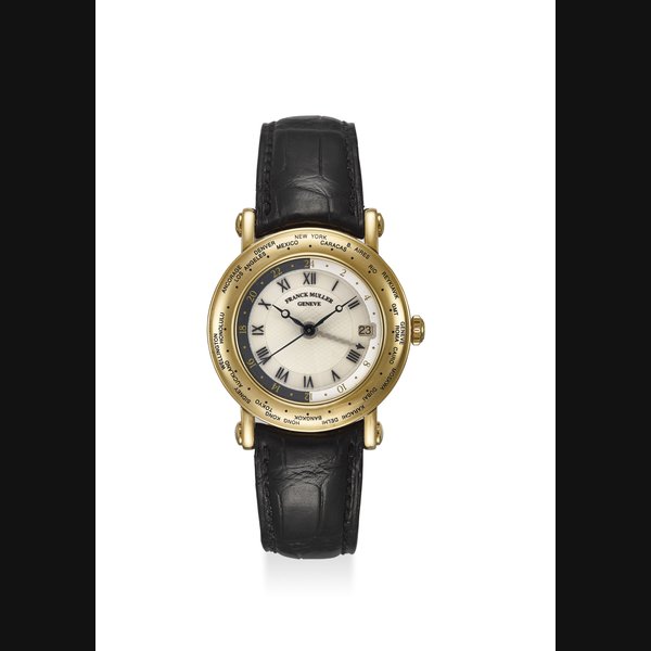 FRANCK MULLER. AN EXTREMELY FINE 18K YELLOW GOLD WORD TIME AUTOMATIC WRISTWATCH WITH ORIGINAL CERTIFICATE AND BOX SIGNED FRANCK MULLER, WORD TIME MODEL, REF. 2800HM 38, CASE NO. 38, CIRCA 1995