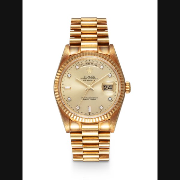 ROLEX, DAY-DATE REF. 18238, A FINE YELLOW GOLD AUTOMATIC WRISTWATCH WITH DIAMOND-SET HOUR MARKERS CASE NUMBER: W223'059, MOVEMENT NUMBER: 7'481'845