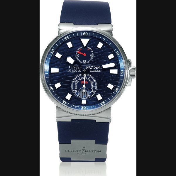 Ulysse Nardin Blue Wave Ulysse Nardin, Le Locle, Suisse, "Marine, 1846, Officially Certified Chronometer', movement No. 32453, No. 1553, Ref. 263-68. Made in a limited edition of 1846 examples in stainless steel and in 350 examples in pink gold, sold on June 19th, 2006. Fine, self-winding, water-resistant, stainless steel chronometer diver's wristwatch with date, power reserve, titanium bracelet section and a titanium Ulysse Nardin double deployant clasp. Accompanied by the certificate and booklet. | The Coll · 263-68