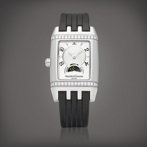 Jaeger-LeCoultre Jaeger-LeCoultre| Reverso, Reference 296.8.74| A stainless steel and diamond-set reversible dual time zone wristwatch with day and night indication, Circa 2000 | 積家 | Reverso 型號296.8.74 | 精鋼鑲鑽石可翻轉兩地時間腕錶，備晝夜顯示，約2000年製 · 296.8.74