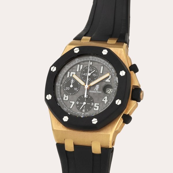 Audemars Piguet Royal Oak Offshore, Reference 25940OK.OO.D002CA.01.A | A pink gold and rubber chronograph wristwatch with date | Circa 2006 · 25940OK.OO.D002CA.01.A