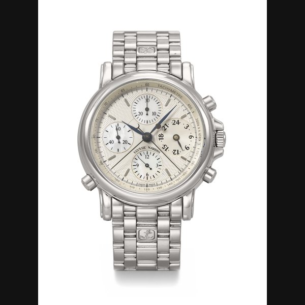ULYSSE NARDIN. AN ATTRACTIVE STAINLESS STEEL AUTOMATIC SPLIT SECONDS CHRONOGRAPH WRISTWATCH WITH 24-HOUR INDICATION AND BRACELET CHRONOSPLIT BERLIN II MODEL, REF. 583-22, NO. 959, CIRCA 1997