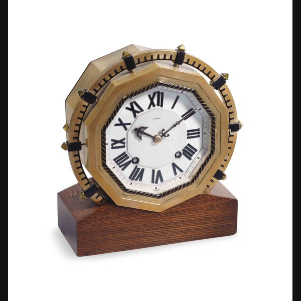 Cartier. A Rare And Unusual Gilt-Metal Eight Day Art Deco Ship's Bell Striking Desk Clock SIGNED CARTIER, FRANCE, MOVEMENT SIGNED CHELSEA CLOCK CO., BOSTON MA., NO. 192'093, BASE PLATE ALSO SIGNED EUROPEAN WATCH AND CLOCK CO., FRANCE, NO. 2686, CIRCA 1929