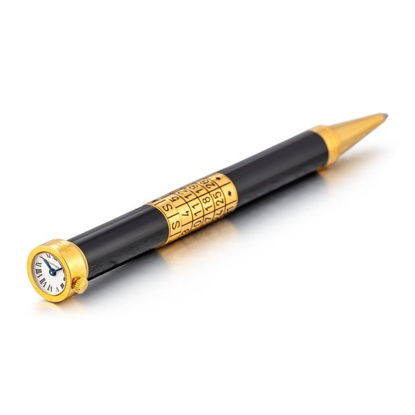 Cartier Cartier | A limited edition gold-plated and black lacquer ballpoint pen watch with calendar, Circa 1999 | 卡地亞 | 限量版鍍金及黑漆時計原子筆，備日曆，約1999年製