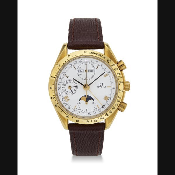 Omega OMEGA, REF. 175.0034, SPEEDMASTER CLASSIC, AN 18K YELLOW GOLD TRIPLE CALENDAR CHRONOGRAPH WRISTWATCH WITH 24-HOUR INDICATOR, MOON PHASES, AND POINTER DATE