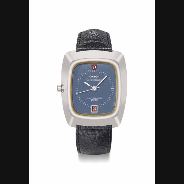 Omega. A large stainless steel rectangular-shaped wristwatch with sweep centre seconds, blue dial and red date Signed Omega, Constellation, Electroquartz, f8192, ref. 196'005, movement no. 31'738'481, circa 1973