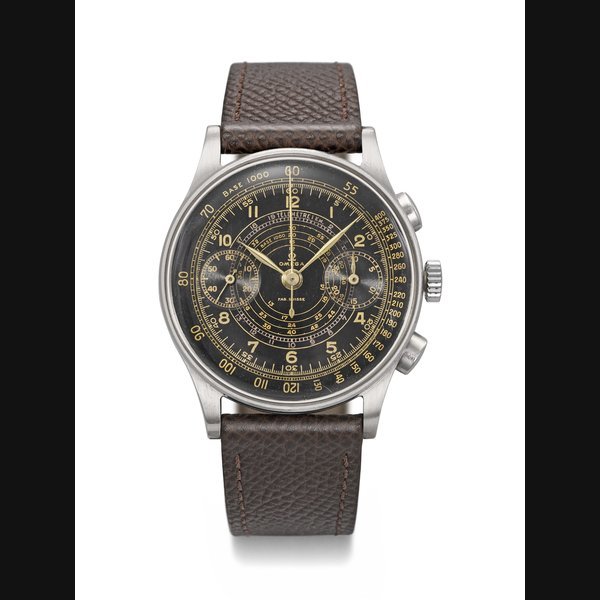 Omega OMEGA. A LARGE AND HIGHLY ATTRACTIVE STAINLESS STEEL ‘STAYBRITE’ CHRONOGRAPH WRISTWATCH WITH BLACK MULTISCALE DIAL MOVEMENT NO. 9'389'515, CASE NO. 9’979’865, MANUFACTURED IN 1941