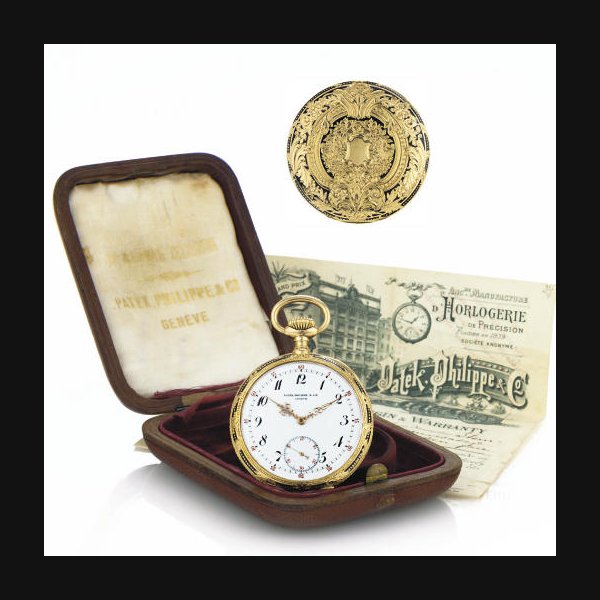 PATEK PHILIPPE. A RARE 18K GOLD AND ENAMEL OPENFACE KEYLESS LEVER POCKET WATCH SIGNED PATEK PHILIPPE & CIE., GENEVE, MOVEMENT NO. 131216, CASE NO. 243594, MANUFACTURED 1905