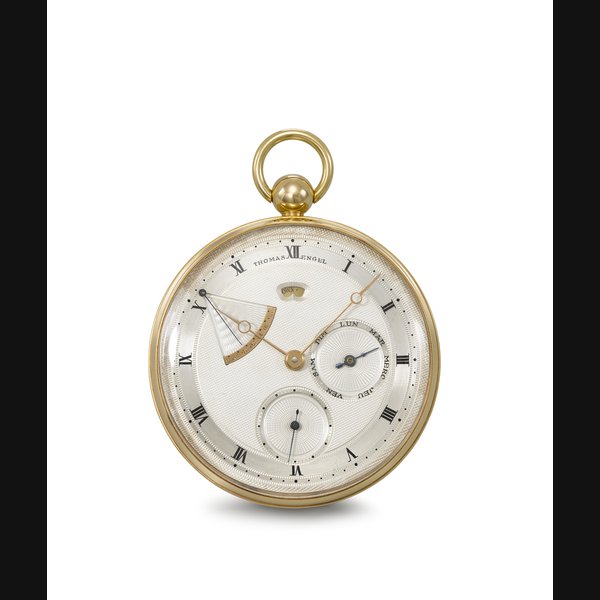 THOMAS ENGEL. A RARE AND HIGHLY ATTRACTIVE 18K GOLD KEYLESS LEVER CHRONOMETER WATCH WITH DAYS OF THE WEEK, THERMOMETER AND POWER RESERVE AND INDICATION CHRONOMETRE TYPE CONCOURS OBSERVATOIRE MODEL, NO. 25, CIRCA 1980