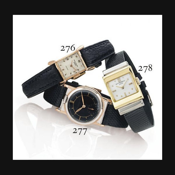 PATEK PHILIPPE. A RARE 18K TWO-COLOR GOLD WRISTWATCH WITH BLACK DIAL SIGNED PATEK PHILIPPE & CIE., GENEVE, MOVEMENT NO. 201177, CASE NO. 609997, REF. 136, MOVEMENT MANUFACTURED IN 1920, CASED AND SOLD IN 1933