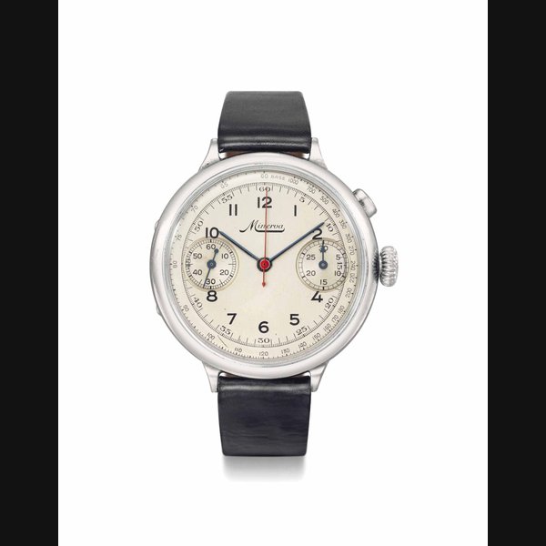 Minerva. A rare, large and very attractive stainless steel single button chronograph wristwatch with two-tone silvered dial SIGNED MINERVA, MOVEMENT NO. 1'472'328, CASE NO. 412'232, CIRCA 1940