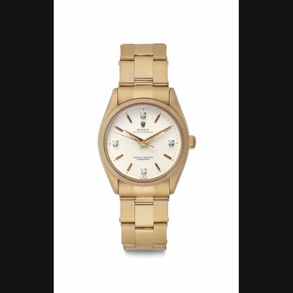 Rolex Rolex. A Very Attractive 18k Gold Automatic Wristwatch with Diamond-set Numerals, White Dial, Center Seconds, and Bracelet Signed Rolex, Oyster Perpetual, Ref. 6564, Case No. 480'536, Circa 1959