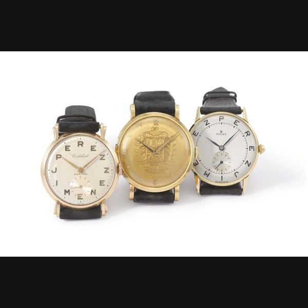 Rolex, Universal and Cortébert. A lot of two 18K yellow gold and one 18K pink gold wristwatches SIGNED ROLEX, PRECISION, REF. 3667, CASE NO. 571'853, UNIVERSAL, NOS. 1'505'556 AND 112'167, CORTÉBERT, MARCOS, CASE NOS. 8413 AND 1'637'979, ROLEX MANUFACTURED IN 1947, UNIVERSAL MANUFACTURED IN 1951, CORTEBERT CIRCA 1950