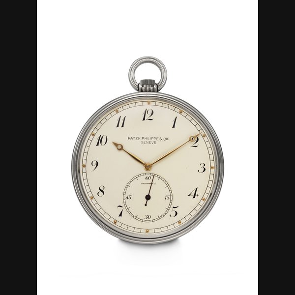 PATEK PHILIPPE, RETAILED BY HAUSMANN & CO., EXTREMELY RARE AND LARGE STAINLESS STEEL OPEN FACE WATCH WITH BREGUET HANDS AND NUMERALS, REF. 736