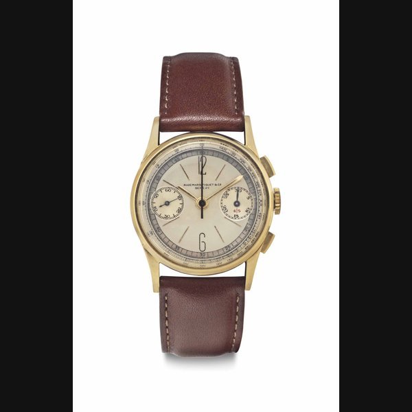 Audemars Piguet Audemars Piguet. An Attractive 18k Gold Chronograph Wristwatch with Champagne Dial SIGNED AUDEMARS PIGUET, GENÈVE, NO. 44'618, CIRCA 1938