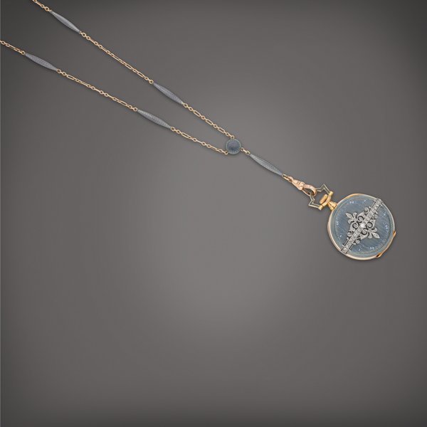 Patek Philippe A yellow gold, enamel and diamond-set open-faced pocket watch with pendant | Circa 1915
