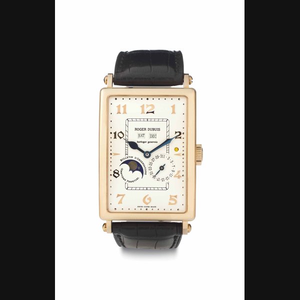 Roger Dubuis. A Limited Edition 18k Pink Gold Automatic Perpetual Calendar Wristwatch with Leap Year Indication and Moon Phases SIGNED ROGER DUBUIS, HOROLOGER GENEVOIS, BULLETIN D'OBSERVATOIRE, QUANTIEME PERPETUEL, NO. 09/28, MOVEMENT NO. 135, CIRCA 2001