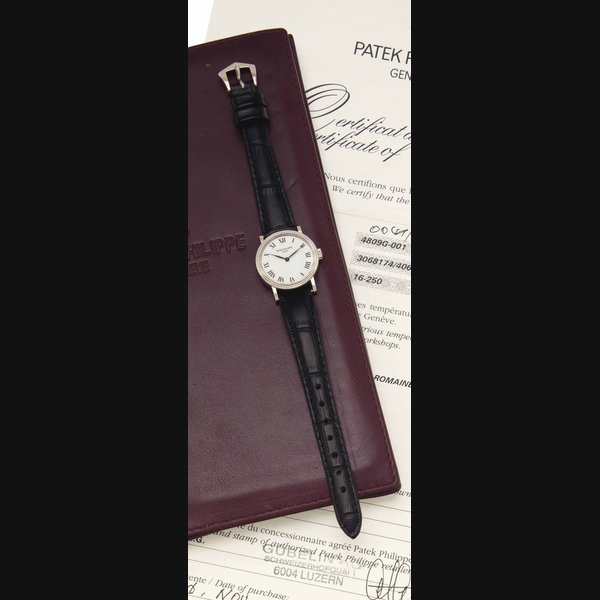 Patek Philippe. A Lady's 18k White Gold Wristwatch with Original Certificate SIGNED PATEK PHILIPPE, GENEVE, REF. 4809G/001, MOVEMENT NO. 3'068'174, CASE NO. 4'065'701, MANUFACTURED IN 1999
