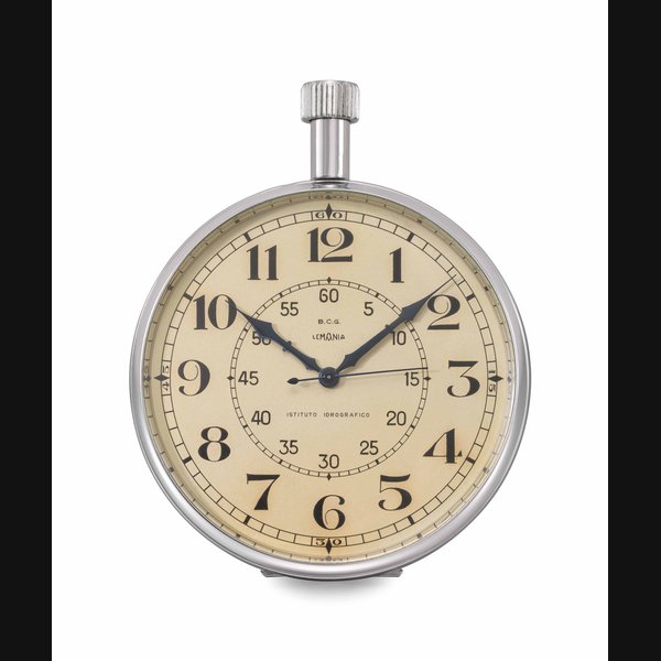 Lemania Lemania. A fine and unusual oversized chromed steel indirect centre seconds keyless lever deck watch made for the Italian Hydrographic Service Signed Lemania, Istituto Idrografico, no. 1429, circa 1940, Price & Market Data