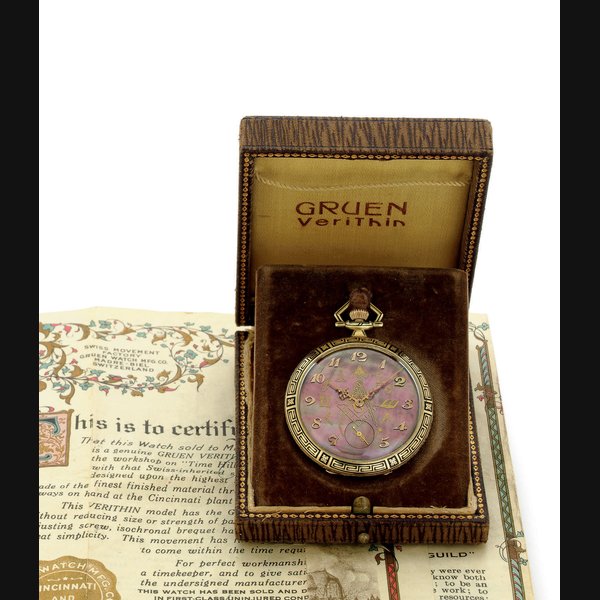 GRUEN. A RARE 14K GOLD, ENAMEL AND MOTHER-OF-PEARL OPENFACE KEYLESS LEVER MASONIC DRESS WATCH WITH ORIGINAL PRESENTATION BOX AND CERTIFICATE SIGNED GRUEN WATCH CO., VERITHIN, MOVEMENT NO. 484867, CASE NO. 235334, CIRCA 1919