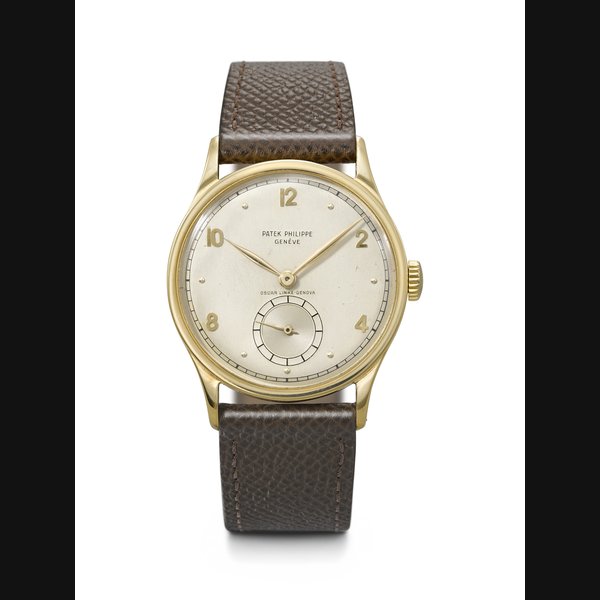 PATEK PHILIPPE. AN EXTREMELY RARE AND HIGHLY ATTRACTIVE 18K GOLD WRISTWATCH WITH TWO-TONE DIAL RETAILED BY OSCAR LINKE - GENOVA, REF. 570, MOVEMENT NO. 967'461, CASE NO. 302'964, MANUFACTURED IN 1950