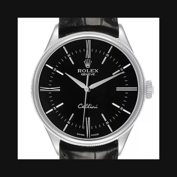 Rolex Cellini Time39mm 18k White Gold Black Roman Dial Leather Strap Men's Watch 50509-0006 Includes Box