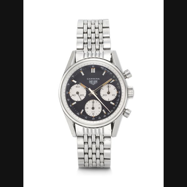 HEUER. A HIGHLY ATTRACTIVE AND RARE STAINLESS STEEL CHRONOGRAPH WRISTWATCH WITH BRACELET CARRERA MODEL, REF. 2447NST, CASE NO. 104’944, CIRCA 1960s