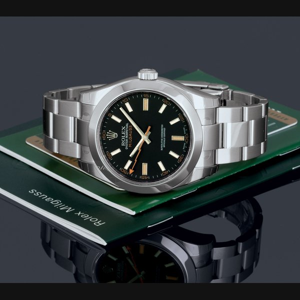 ROLEX. A STAINLESS STEEL AUTOMATIC WRISTWATCH WITH CENTER SECONDS, GREEN SAPPHIRE CRYSTAL AND BRACELET SIGNED ROLEX OYSTER PERPETUAL, MILGAUSS, CASE NO. M622414, REF. 116400, CIRCA 2008