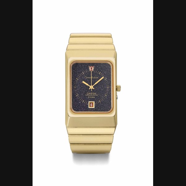 Omega Omega. A rare and unusual 18K gold rectangular-shaped wristwatch with date, sweep centre seconds, aventurine "stardust" dial, bracelet and box SIGNED OMEGA, CONSTELLATION, MEGAQUARTZ, F 2.4 MHZ, NO. 0408, MOVEMENT NO. 34'912'952, CASE NOS. 1960013 AND 3960806, MANUFACTURED IN 1975, Price & Market Data