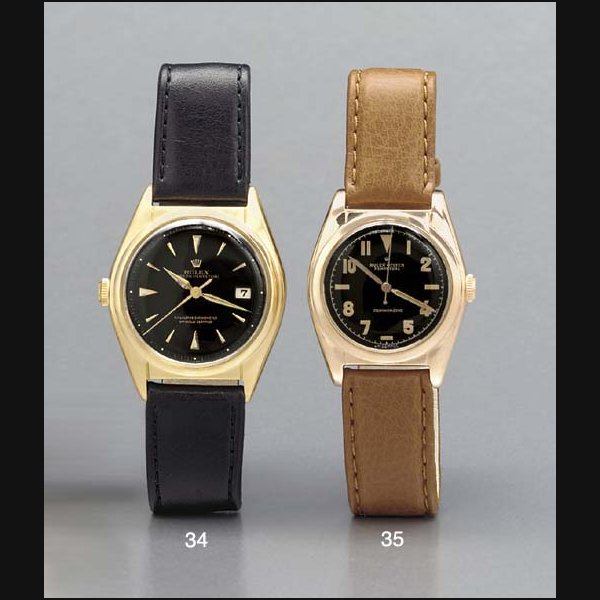 Rolex. An 18K pink gold self-winding water-resistant bubble back wristwatch with black dial and sweep center seconds SIGNED ROLEX OYSTER, PERPETUAL, CHRONOMETRE, REF. 5050, CIRCA 1949