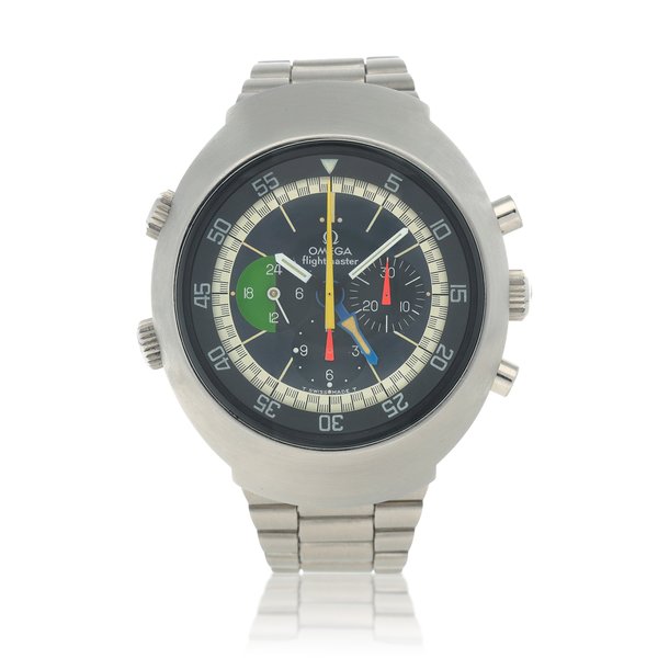 Omega Flightmaster, Ref. 145.013   Stainless steel dual time chronograph wristwatch with 24-hour indication and bracelet  Circa 1970