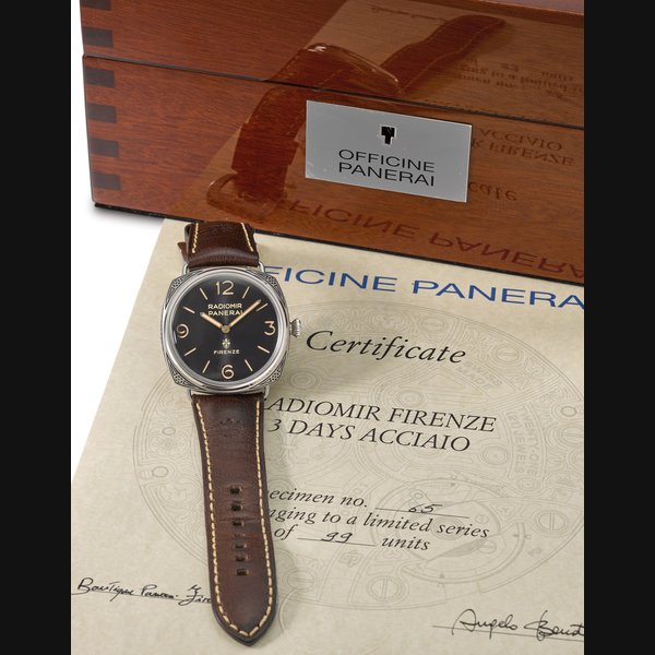 Panerai. A very fine and rare stainless steel limited edition cushion-shaped twin barrel wristwatch with original certificate and box Signed Panerai, Radiomir Firenze, Radiomir Firenze 3 Days Acciaio Boutique Edition, No. S 65/99, Ref. OP 7061, PAM00672, movement no. 000271, case no. BB 1772511, circa 2016