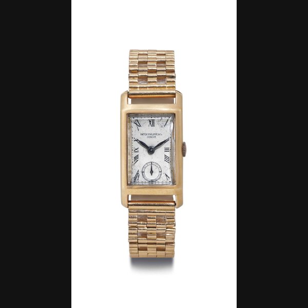 PATEK PHILIPPE. AN 18K PINK GOLD RECTANGULAR WRISTWATCH WITH BRACELET SIGNED PATEK PHILIPPE & CO., GENEVE, RETAILED BY WALSER WALD, MOVEMENT NO. 830667, CIRCA 1936