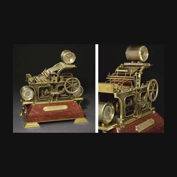 Printing Press A rare French brass and silvered brass and rouge griotte marble eight day timepiece with barometer, thermometer and automaton press CIRCA 1890